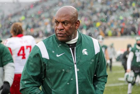 Mel Tucker walks off the field after Michigan States double overtime loss to Indiana on November 19, 2022. Photo Credit: Sarah Smith/WDBM