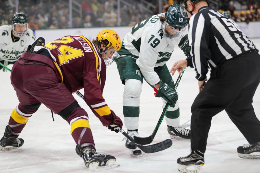 Nicolas Muller facing off against the Golden Gophers during Michigan States loss to Minnesota on December 3, 2022. Photo Credit: Sarah Smith/WDBM
