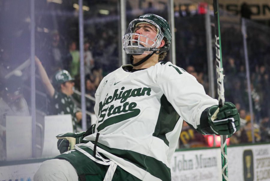 Jesse Tucker celebrates after scoring Michigan States first goal in their game against Minnesota on December 3, 2022. Photo Credit: Sarah Smith/WDBM