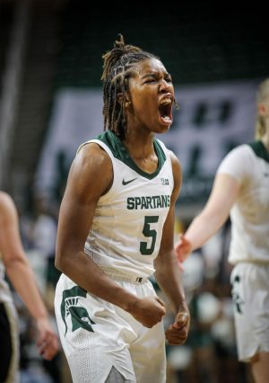 Kamaria McDaniel celebrates after sending her team to overtime with a tying basket during Michigan States game against Purdue on December 5, 2022. Photo Credit: Sarah Smith/WDBM