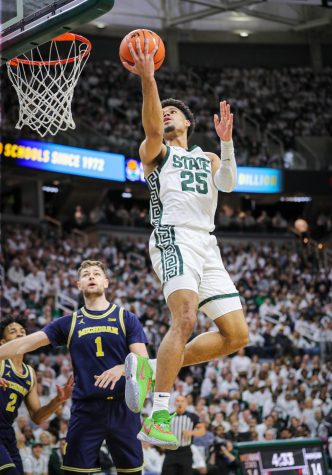 Malik Hall scores a basket during Michigan States 59-53 victory over Michigan on January 7, 2023. Photo Credit: Sarah Smith/WDBM