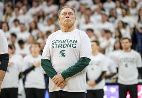 Tom Izzo during a moment of silence honoring the victims of the tragic shooting that took place on Michigan States campus on February 13th. Photo Credit: Sarah Smith/WDBM