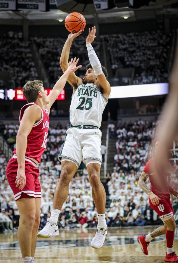 Malik Hall shoots the ball during Michigan States 80-65 win over Indiana on February 21, 2023. Photo Credit: Sarah Smith/WDBM