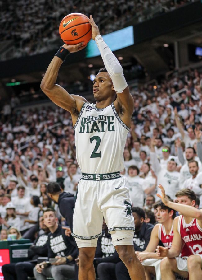 Tyson Walker shoots the ball during Michigan States 80-65 win over Indiana on February 21, 2023. Photo Credit: Sarah Smith/WDBM