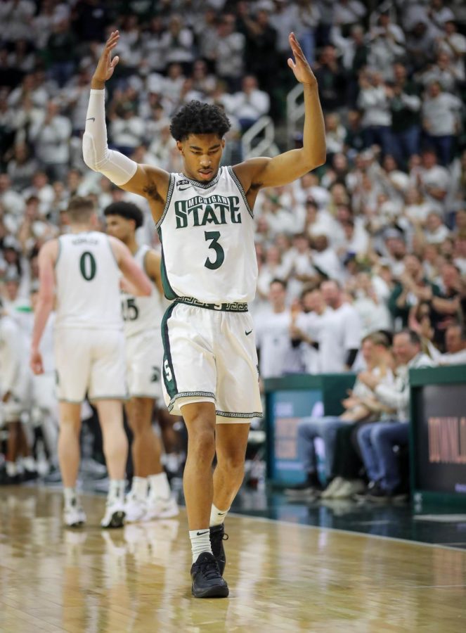 Jaden Akins summons the crowd after an impactful basket during Michigan States 80-65 win over Indiana on February 21, 2023. Photo Credit: Sarah Smith/WDBM