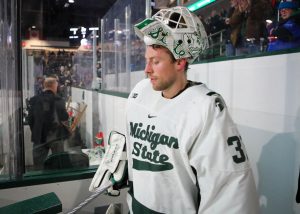 Dylan St. Cyr is announced as a star of the game for Michigan State after he shutout No. 20 Notre Dame on February 3, 2023. Photo Credit: Sarah Smith/WDBM