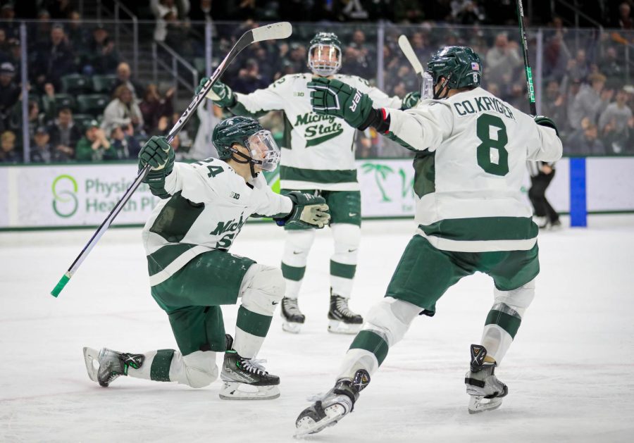 Erik Middendorf celebrates after a goal in the second period during Michigan States 3-0 victory over No. 20 Notre Dame on February 3, 2023. Photo Credit: Sarah Smith