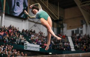 Skyla Shulte flips on the beam during Michigan States 197.450-195.475 victory over Penn State on February 4, 2023. Photo Credit: Sarah Smith/WDBM