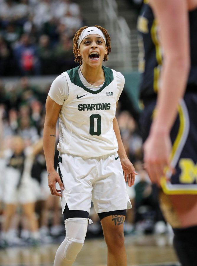 DeeDee Hagemann celebrates after a basket during Michigan States 77-67 loss to No. 18 Michigan on February 5, 2023. Photo Credit: Sarah Smith/WDBM
