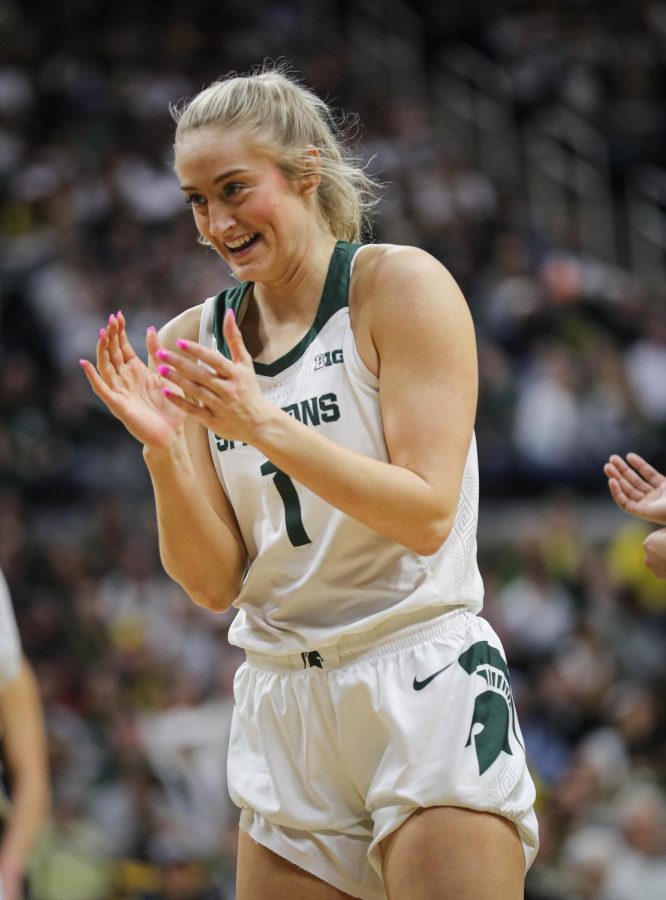 Tory Ozment celebrates after a basket during Michigan States 77-67 loss to No. 18 Michigan on February 5, 2023. Photo Credit: Sarah Smith/WDBM