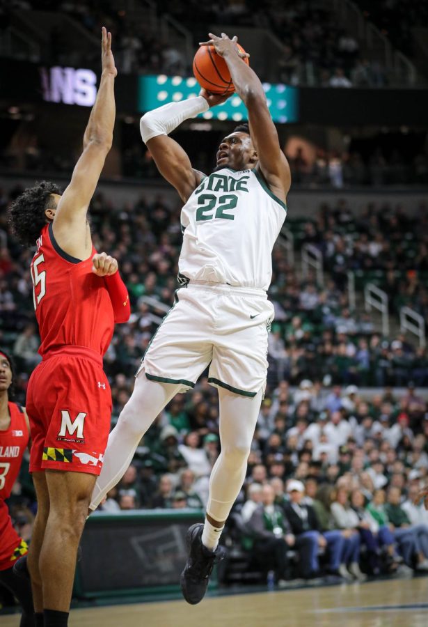 Mady Sissoko shoots the ball during Michigan States 63-58 victory over Maryland on February 7, 2023. Photo Credit: Sarah Smith/WDBM