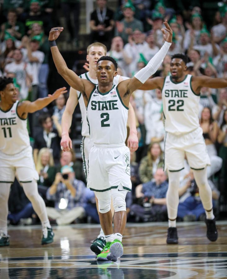 Tyson Walker celebrates after a made basket during Michigan States 63-58 victory over Maryland on February 7, 2023. Photo Credit: Sarah Smith/WDBM
