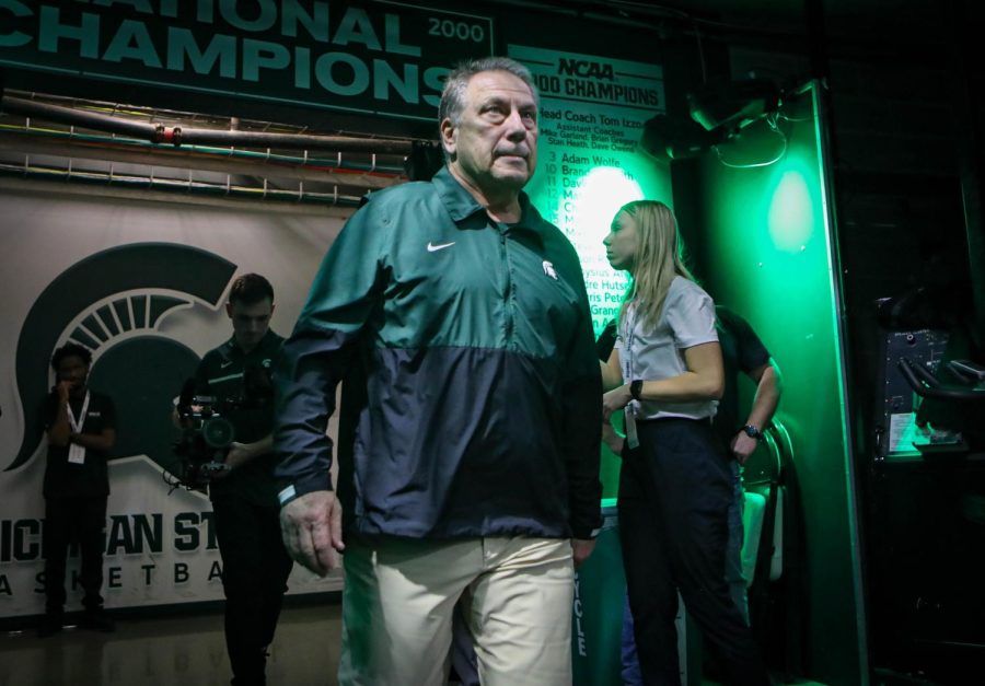 Tom Izzo enters the Breslin Center court ahead of Michigan States game against Maryland on February 7, 2023. Photo Credit: Sarah Smith/WDBM