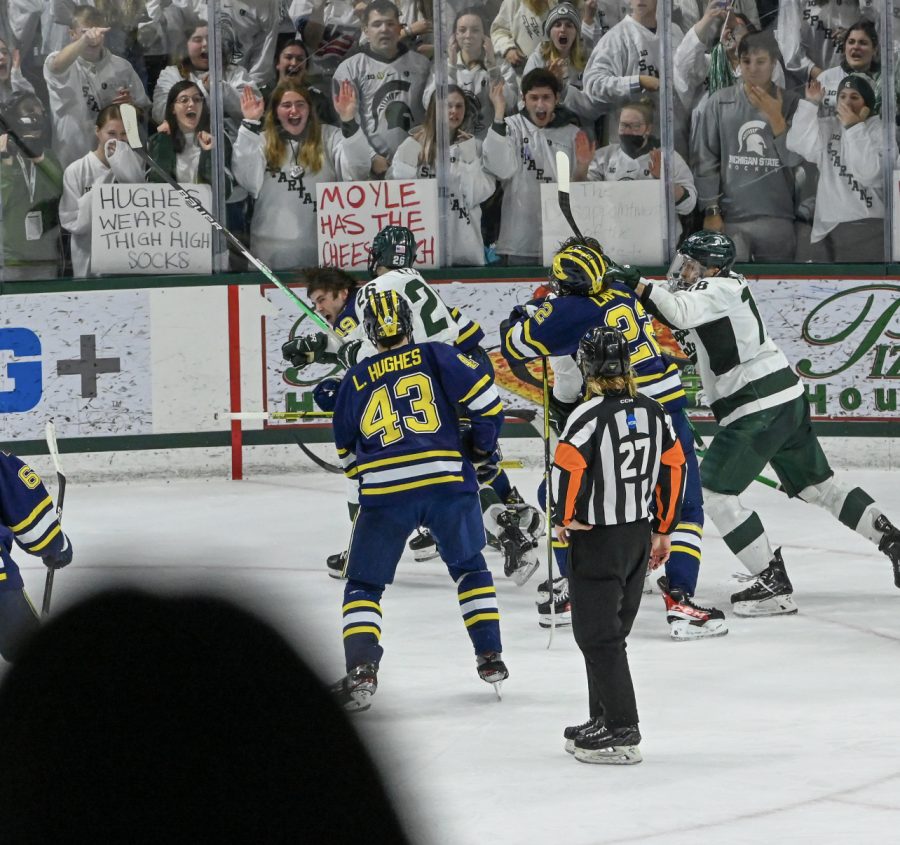 The Michigan State Spartans and Michigan Wolverines break out into fighting during Michigan State’s 4-2 loss to Michigan on February 10, 2023. Photo Credit: Jack Moreland/WDBM
