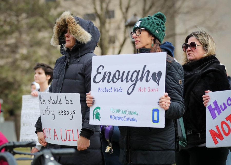 People with signs outside the Capital building in Lansing on 2/15. Photo Credit: Sarah Smith/WDBM