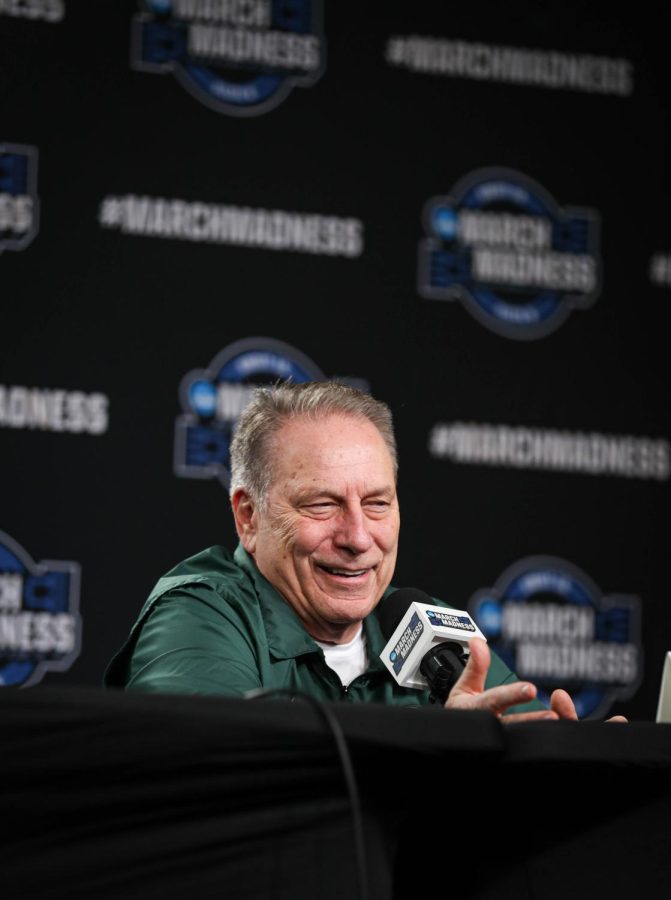 Tom Izzo during Michigan States Sweet Sixteen press conference on March 22, 2023. Photo Credit: Sarah Smith/WDBM