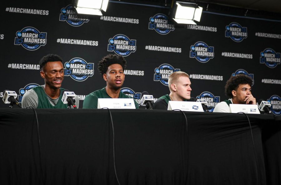 Michigan State players answering questions from the media during Michigan States Sweet Sixteen press conference on March 22, 2023. Photo Credit: Sarah Smith/WDBM