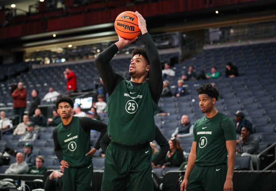 Malik Hall shoots the ball during Michigan States open practice in Columbus on March 16, 2023. Photo Credit: Sarah Smith/WDBM