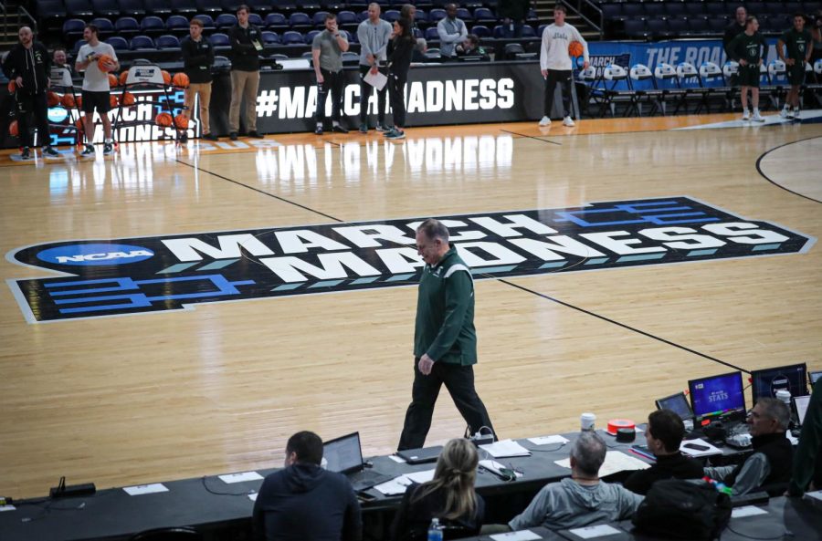 Head Coach Tom Izzo walks across the court during Michigan States open practice on March 16, 2023. Photo Credit: Sarah Smith/WDBM