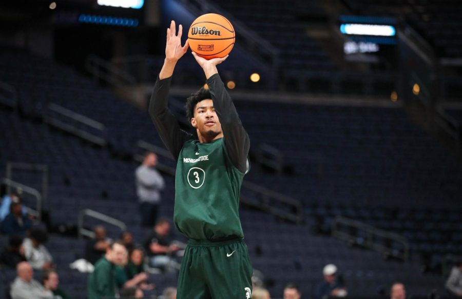 Jaden Akins shoots the ball during Michigan States open practice in Columbus on March 16, 2023. Photo Credit: Sarah Smith/WDBM