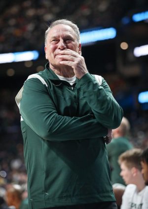 Tom Izzo smirks during Michigan States 72-62 victory over USC in the first round of the NCAA Tournament on March 17, 2023. Photo Credit: Sarah Smith/WDBM