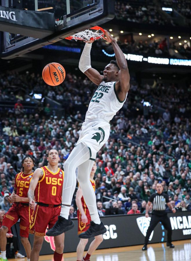 Mady Sissoko dunks the ball during Michigan States 72-62 victory over USC in the first round of the NCAA Tournament on March 17, 2023. Photo Credit: Sarah Smith/WDBM