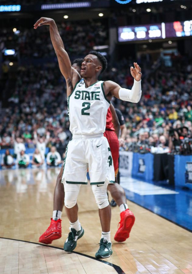 Tyson Walker shoots a 3-pointer during Michigan States 72-62 victory over USC in the first round of the NCAA Tournament on March 17, 2023. Photo Credit: Sarah Smith/WDBM