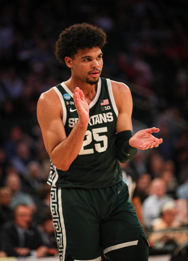 Malik Hall celebrates a made basket during Michigan States overtime loss to Kansas State in the Sweet Sixteen on March 23, 2023. Photo Credit: Sarah Smith/WDBM