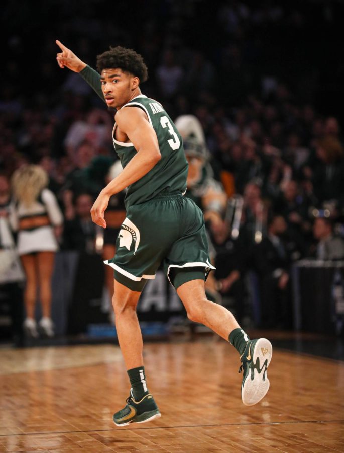 Jaden Akins celebrates after a made three-pointer during Michigan States overtime loss to Kansas State in the Sweet Sixteen on March 23, 2023. Photo Credit: Sarah Smith/WDBM