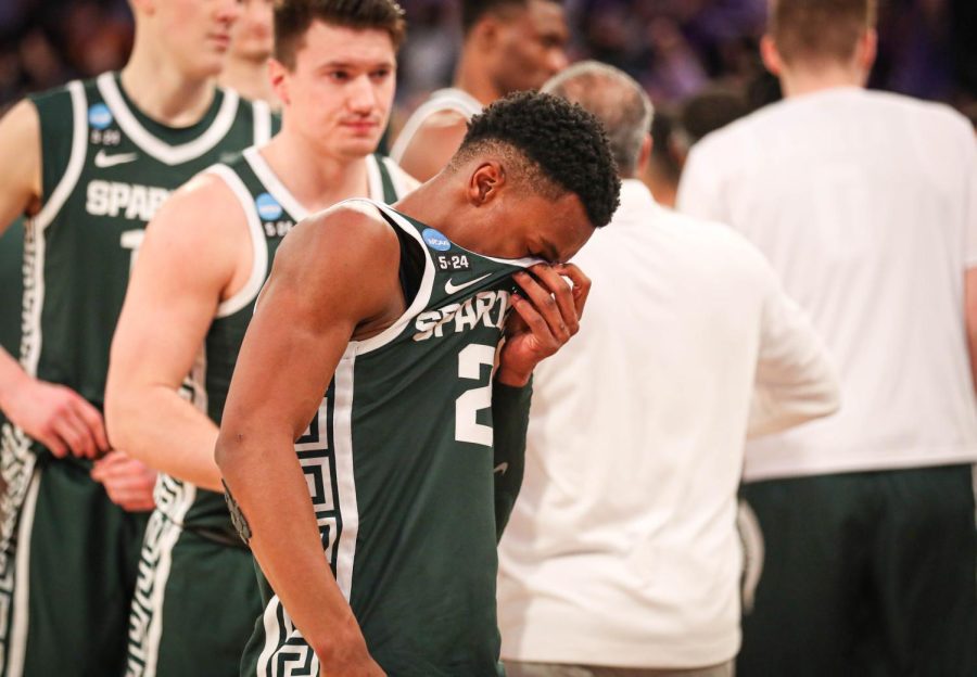 Tyson Walker exits the court after Michigan States overtime loss to Kansas State in the Sweet Sixteen on March 23, 2023. Photo Credit: Sarah Smith/WDBM