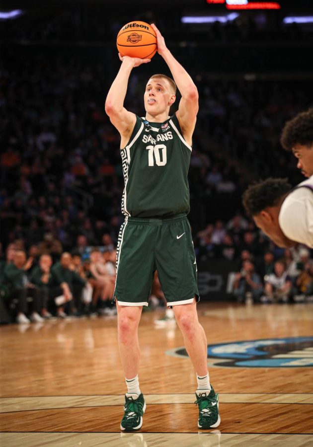 Joey Hauser shoots a free throw during Michigan States overtime loss to Kansas State in the Sweet Sixteen on March 23, 2023. Photo Credit: Sarah Smith/WDBM