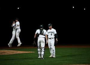 Michigan State celebrates after a victory against 
Western Illinois on April 14, 2023.
Photo Credit: Jack Moreland/WDBM