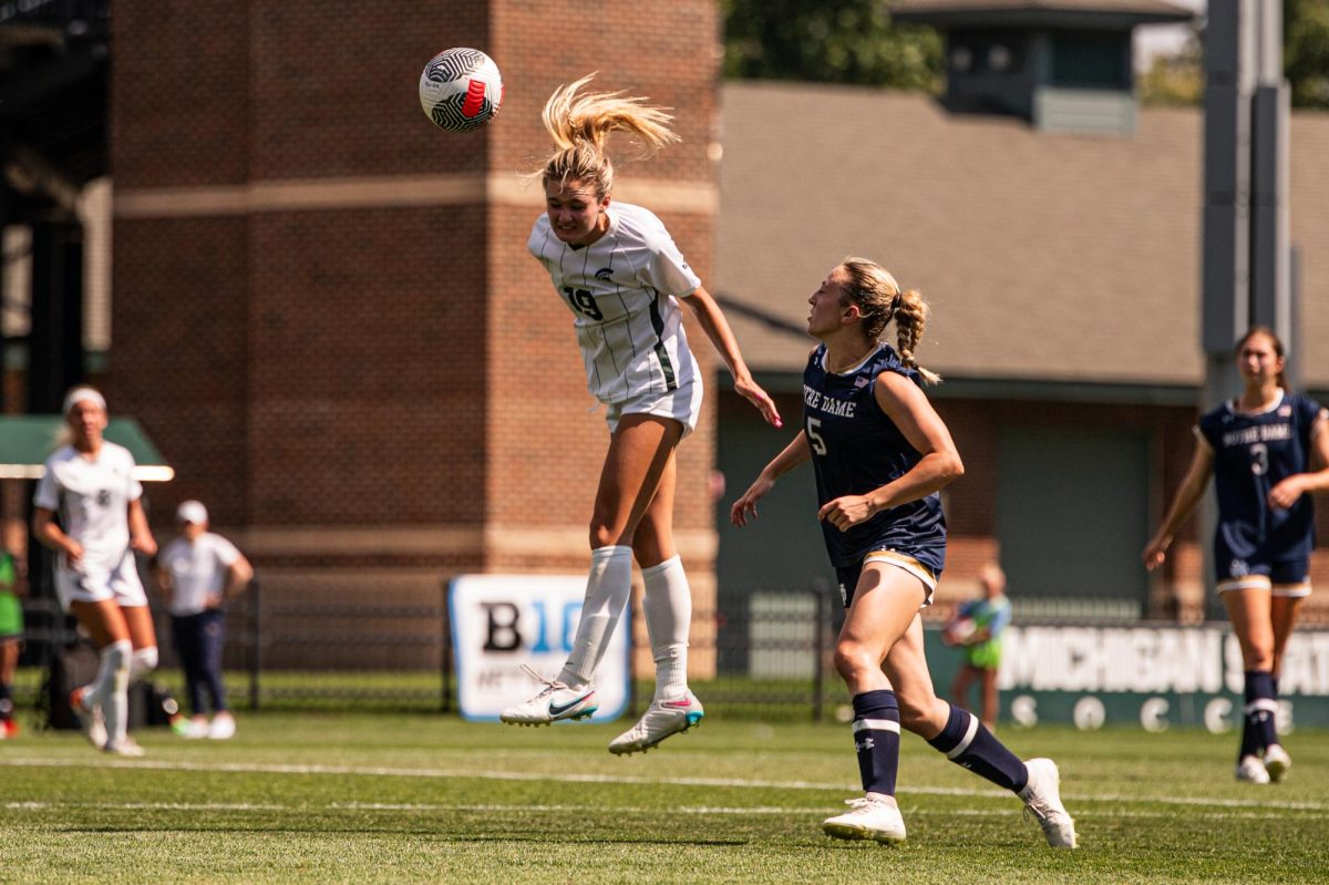 Emerson Sargeant heads the ball against Notre Dame on September 3, 2023. The Spartans were defeated by Notre Dame, 2-1. 
Photo Credit: Jack Moreland/WDBM 