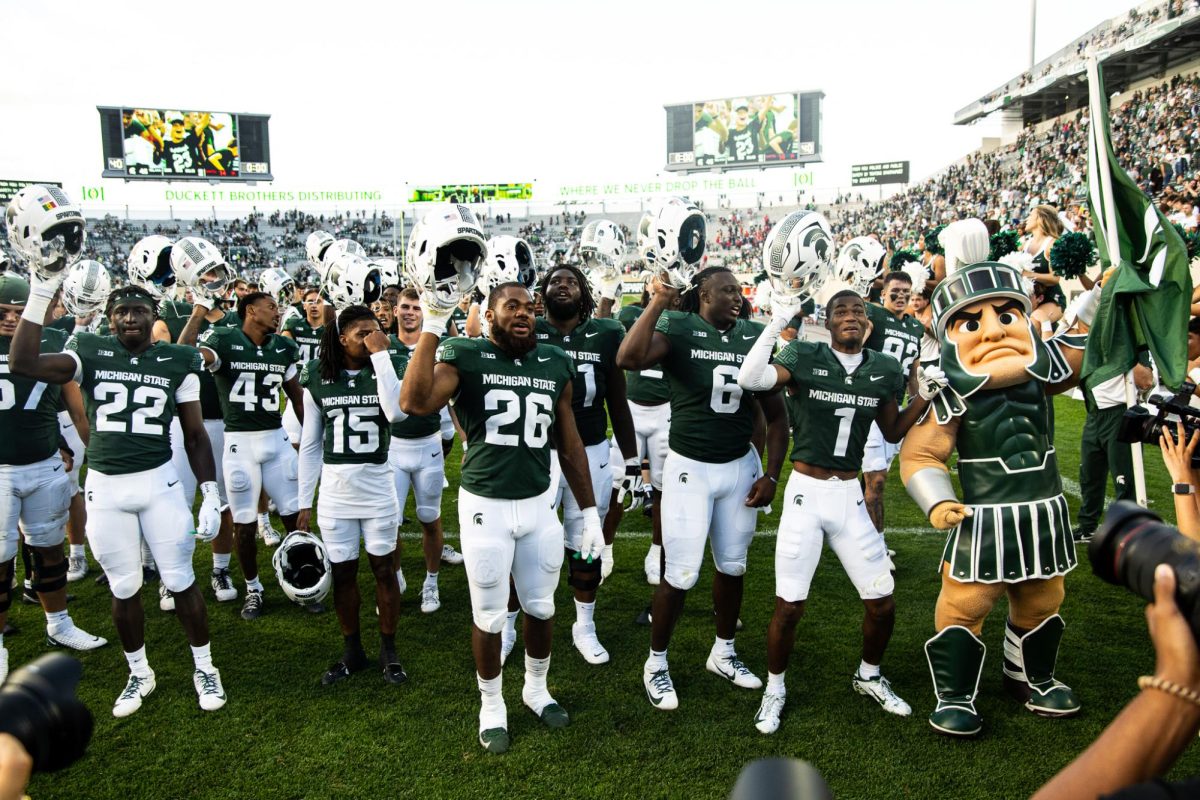 The Spartans sing the fight song with the students section in Spartan Stadium after a 45-14 victory over Richmond on Saturday, September 9, 2023.