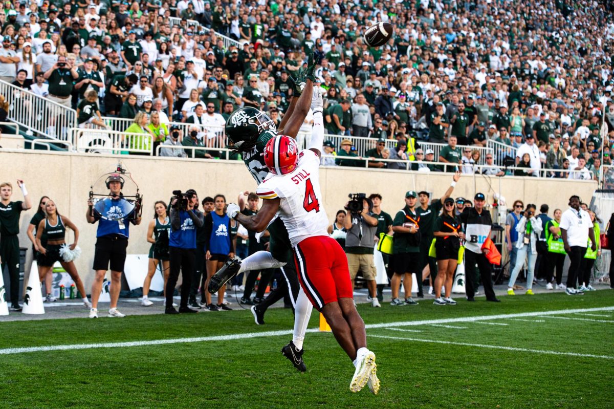 Maryland defensive back Tarheeb Still breaks up a Michigan State pass in the end zone at Spartan Stadium on Saturday, September 23, 2023.