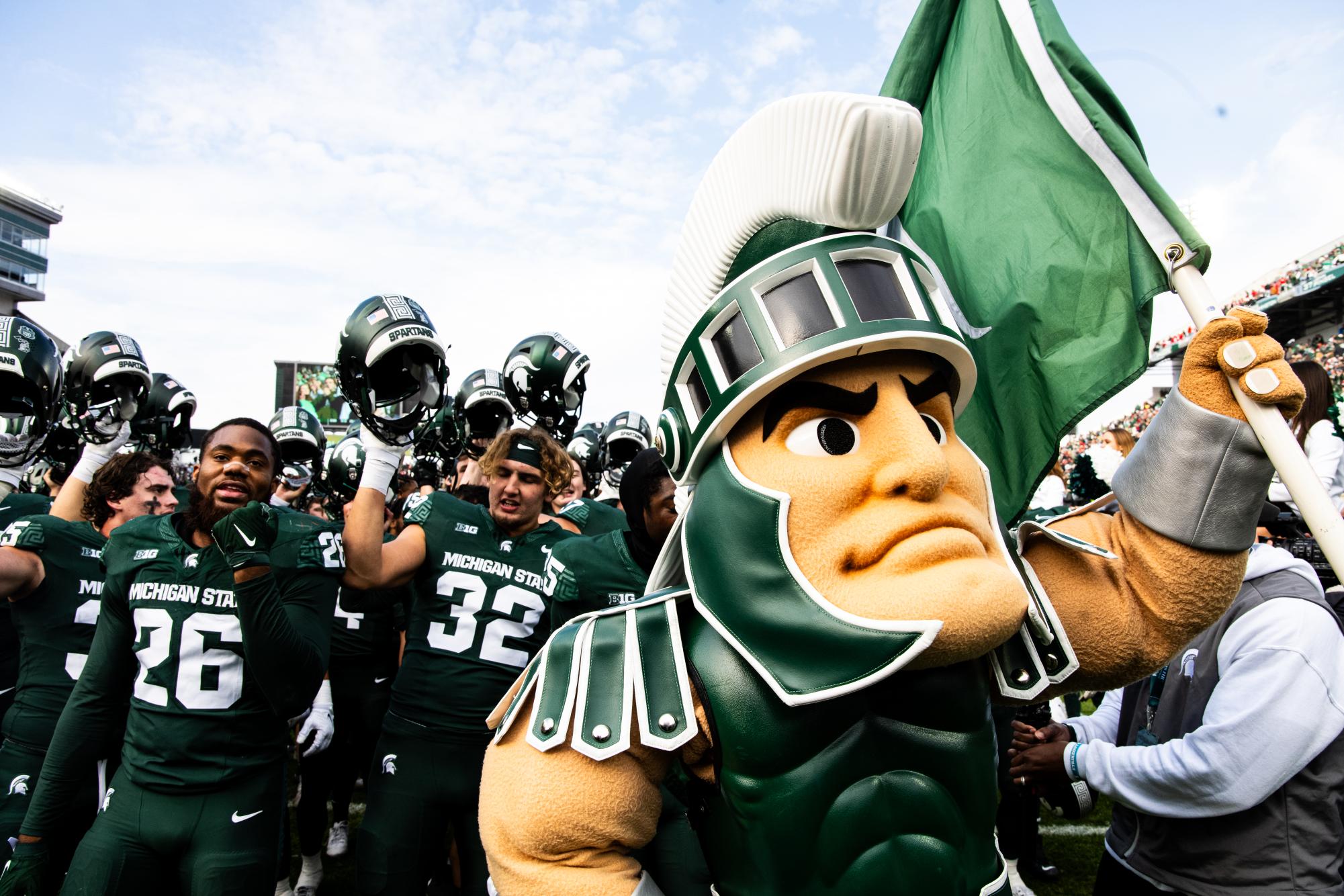 Sparty celebrates with the Spartans after a victory against Nebraska on Saturday, November 4, 2023 at Spartan Stadium. 