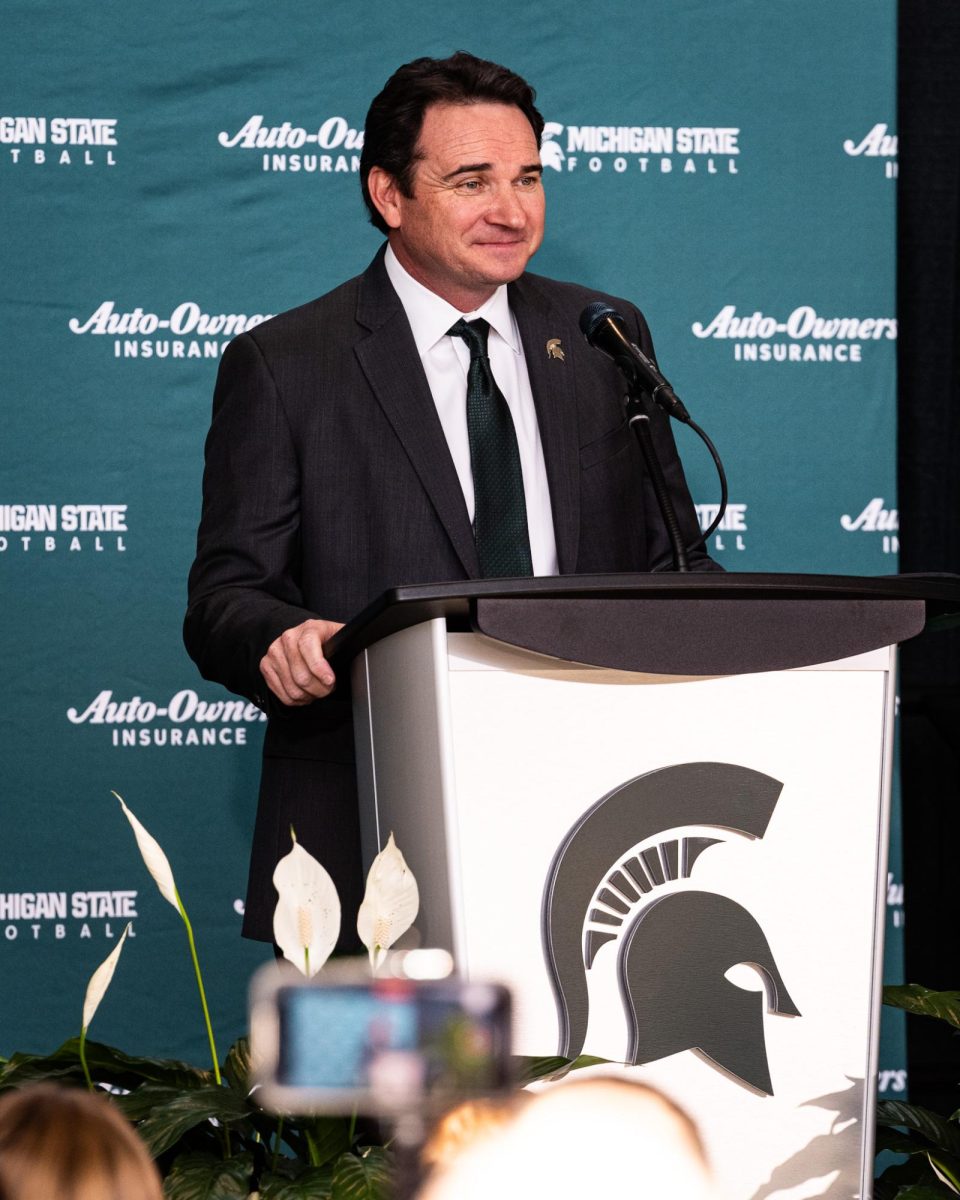 MSUs new head football coach Johnathan Smith addresses the media at his introductory press conference on Tuesday, November 28, 2023 at the Breslin Center.
