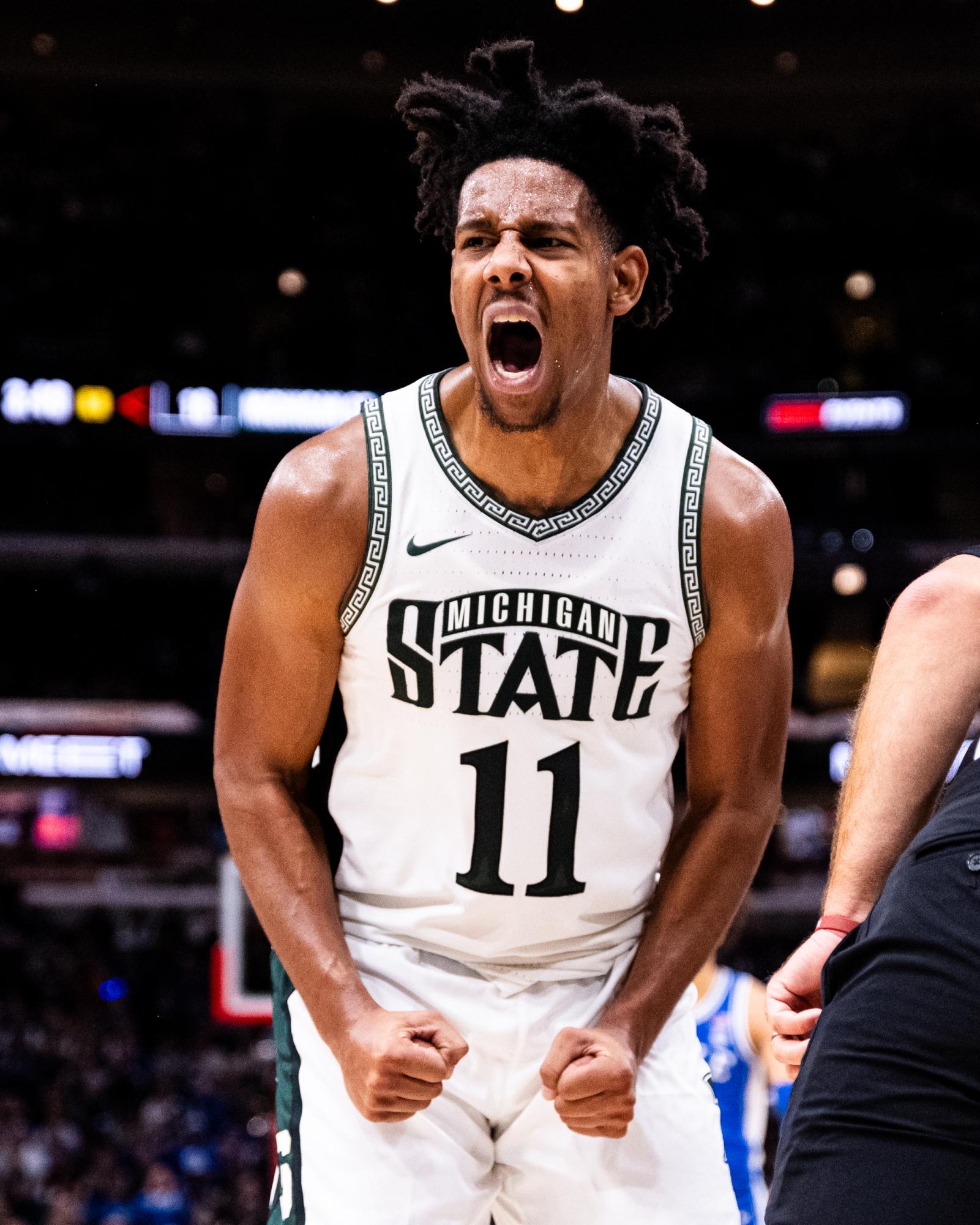 MSU senior guard A.J. Hoggard disagrees with a call by the official in the Spartans matchup against Duke on Tuesday, November 14, 2023 at the United Center.