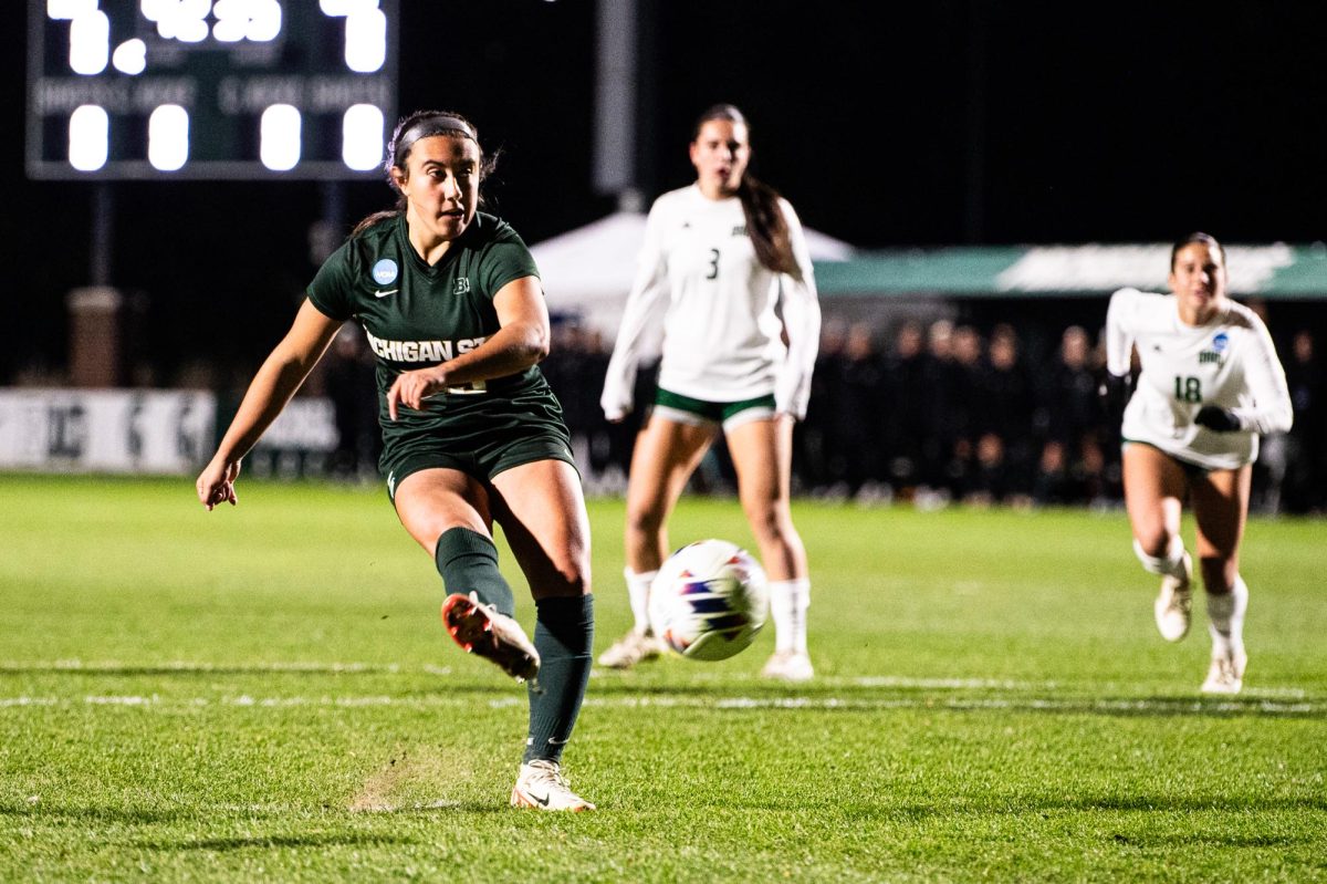 MSU freshman forward/midfielder Bella Najera scores her first of two goals on a penalty kick in a win against Ohio in the NCAA tournament on Friday, November 10, 2023 at DeMartin Stadium.