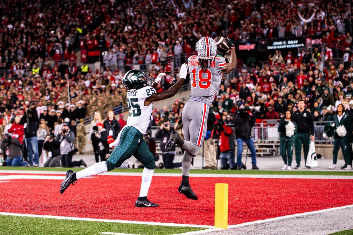 Ohio State junior receiver Marvin Harrison Jr. catches his second of three touchdowns against MSU on Saturday, November 11, 2023 at Ohio Stadium.