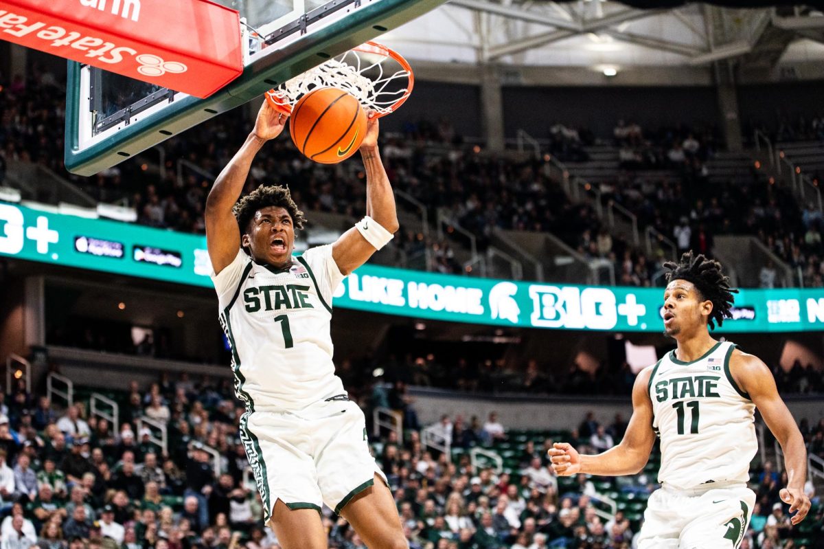 MSU freshman guard Jeremy Fears throws down a dunk against Alcorn State on Sunday, November 19, 2023 at the Breslin Center.