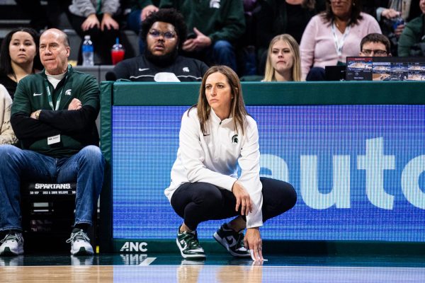 MSU Head Coach Robyn Fralick looks on as her Spartans take on Northwestern on Wednesday, Jan. 17, 2024 at the Breslin Center.