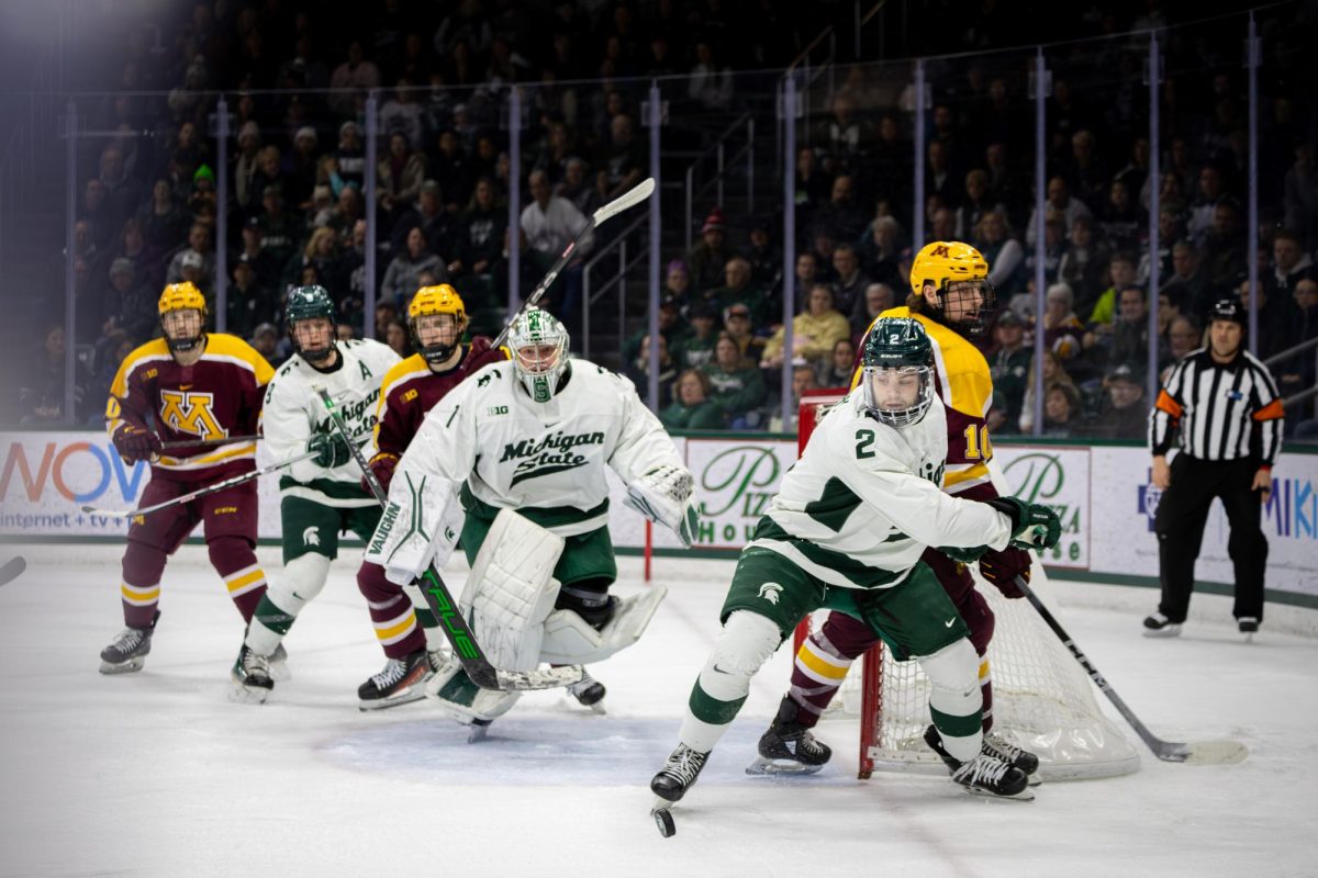 MSU freshman defender Patrick Geary protects the goal against Minnesota on Friday, Jan. 26, 2024 at Munn Ice Arena.