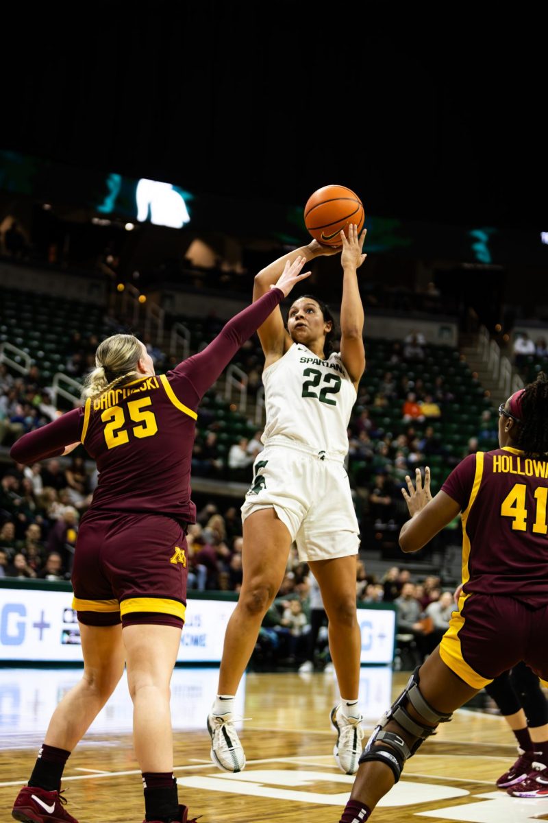MSU+graduate+guard+Moira+Joiner+fires+a+jump+shot+against+Minnesota+on+Monday%2C+Feb.+5%2C+2024+at+the+Breslin+Center.