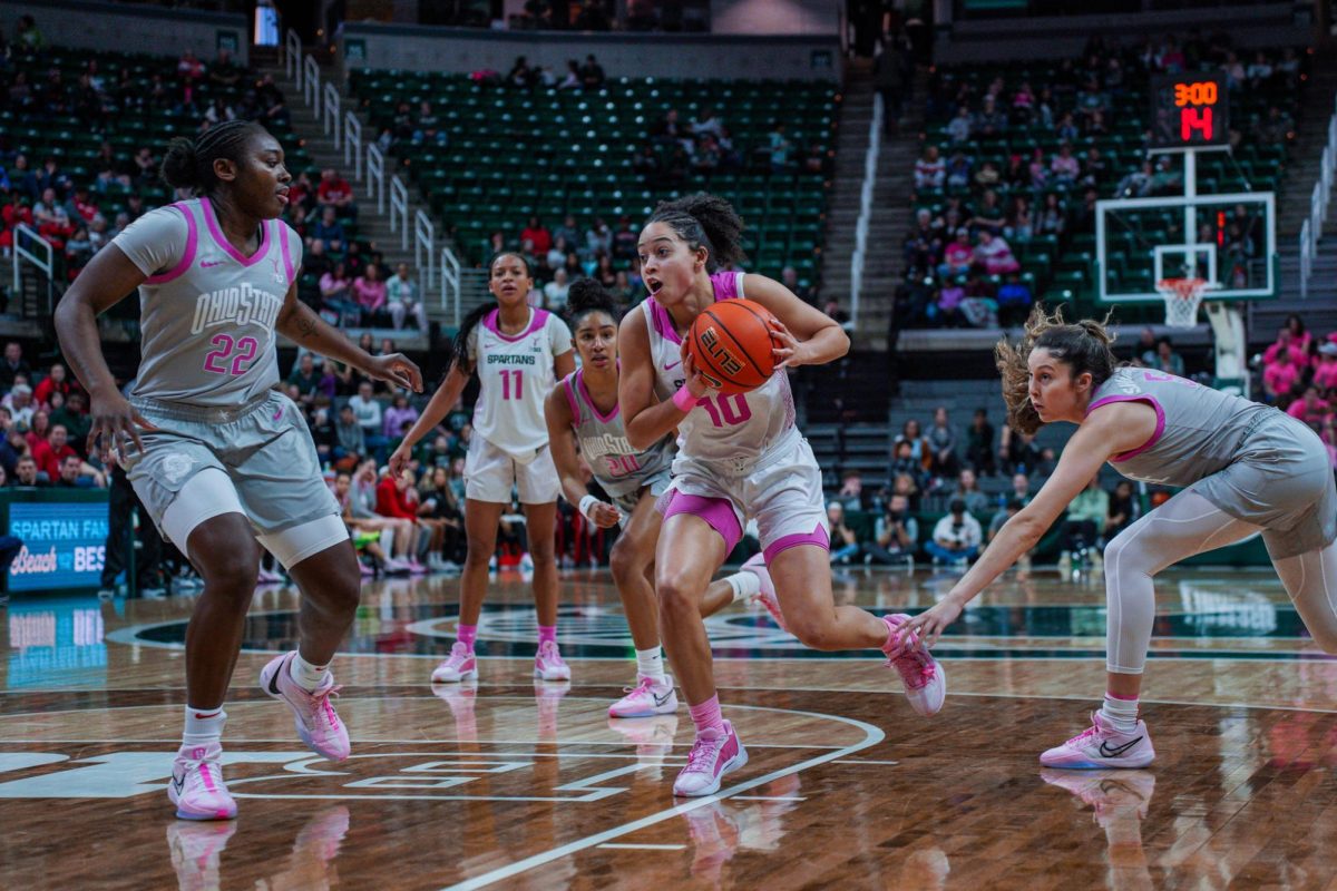 MSU+freshman+guard+Bree+Robinson+%2810%29+drives+into+the+lane+against+Ohio+State+on+Sunday%2C+Feb.+11%2C+2024+at+the+Breslin+Center.+
