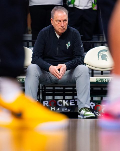 MSU Head Coach Tom Izzo looks on as the Iowa Hawkeyes warm up ahead of a matchup against Izzos Spartans on Tuesday, Feb. 20, 2024 at the Breslin Center. 
