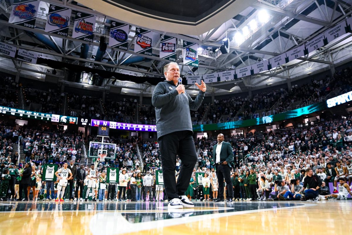 MSU Head Coach Tom Izzo addresses the home crowd after a victory over Northwestern on Senior Night on Wednesday, Mar. 6, 2024 at the Breslin Center. 