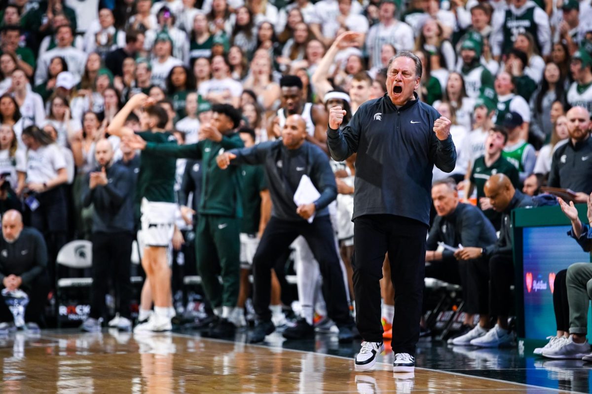 MSU Head Coach Tom Izzo urges on his Spartans down the stretch against Northwestern on Senior Night on Wednesday, Mar. 6, 2024 at the Breslin Center. (Jack Moreland)