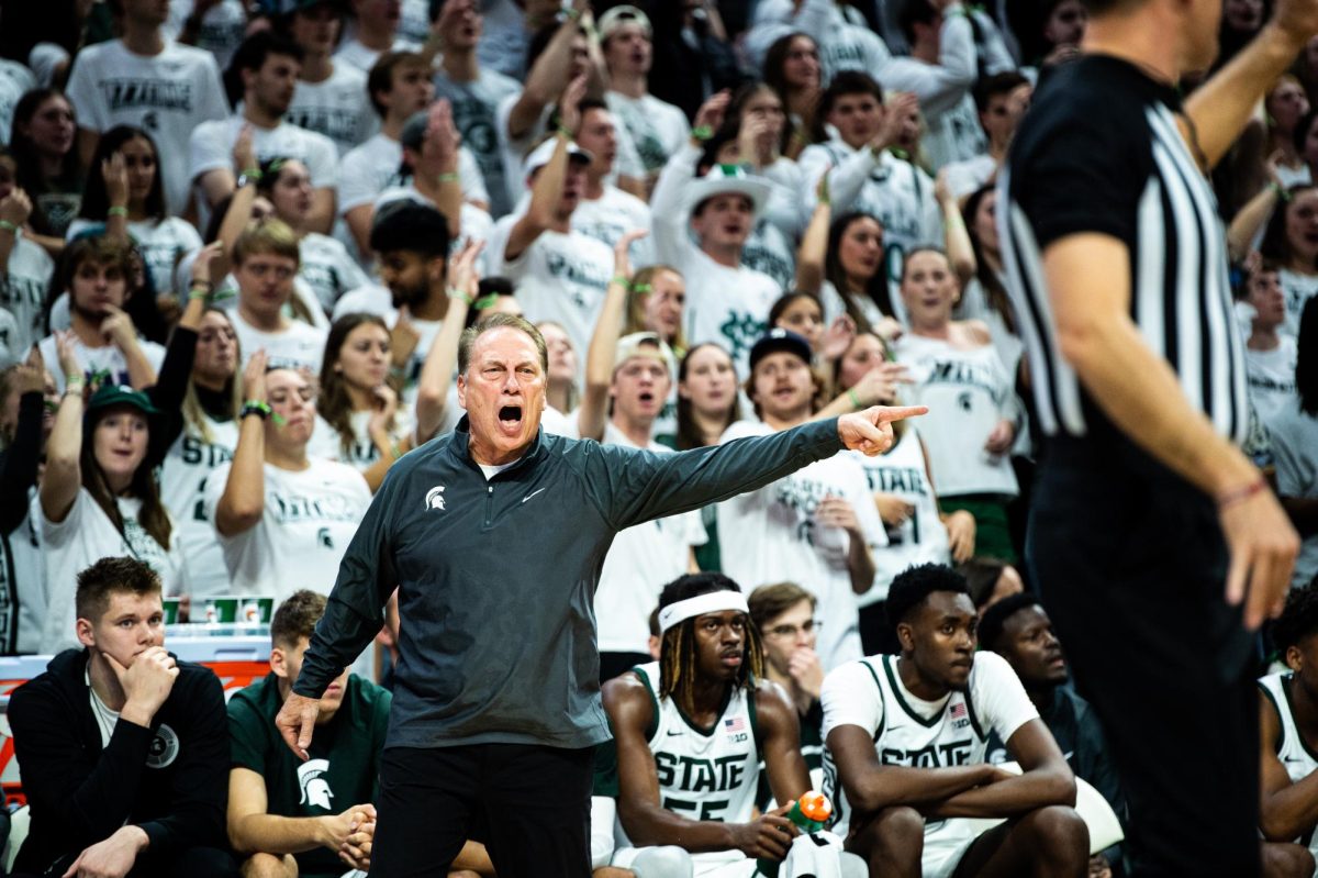 MSU Head Coach Tom Izzo shouts during MSU's opening night loss to James Madison on Monday, Nov. 6, 2023 at the Breslin Center. (Jack Moreland)