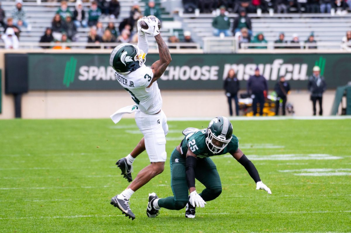 MSU+redshirt+senior+receiver+Montorie+Foster+Jr.+%283%29+catches+a+pass+for+a+first+down+during+the+the+Spring+Showcase+on+Saturday%2C+April+20%2C+2024+at+Spartan+Stadium+in+East+Lansing%2C+MI.+%28Jack+Moreland%29